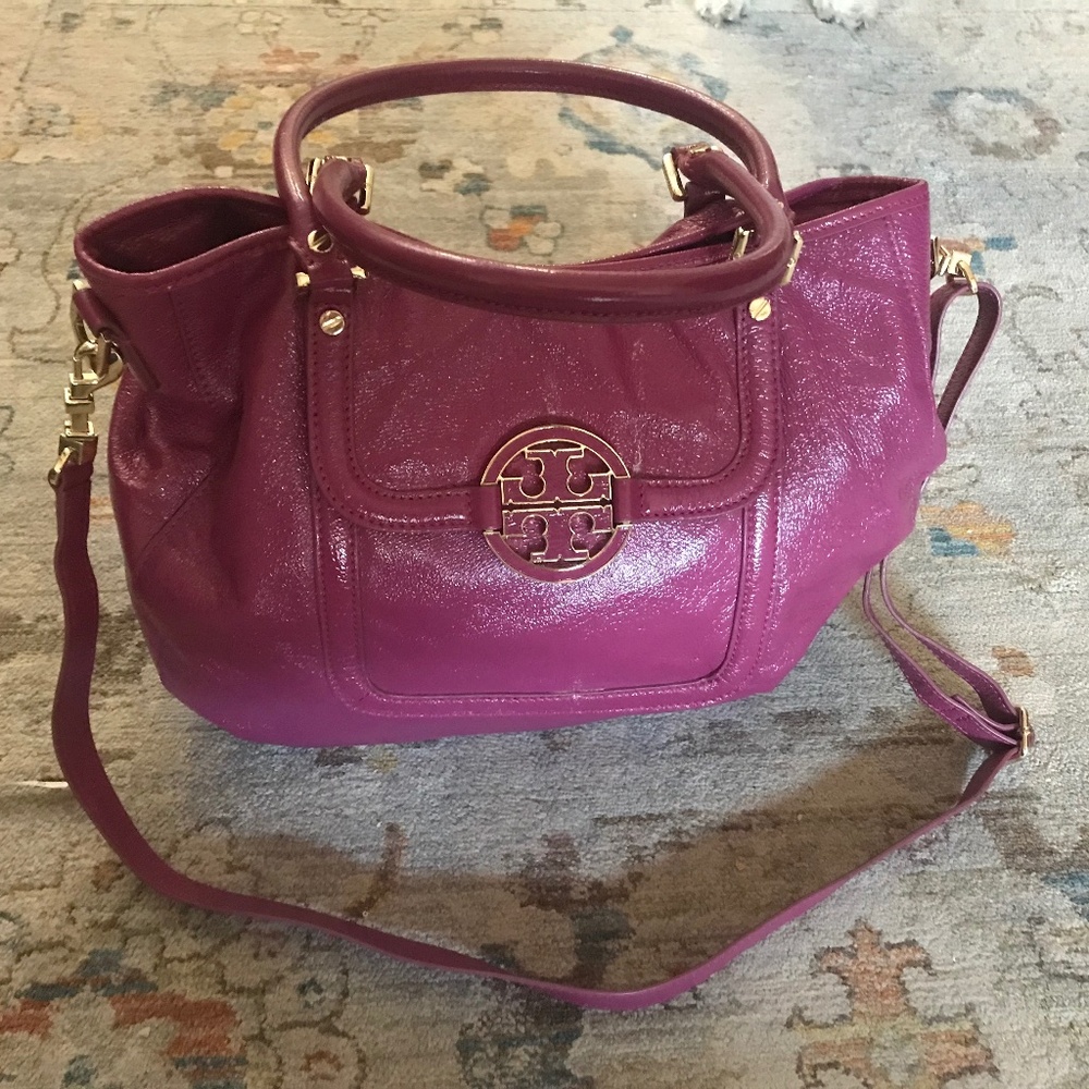 Patent Leather Satchel Shoulder Bag Magenta Pink-Tory Burch